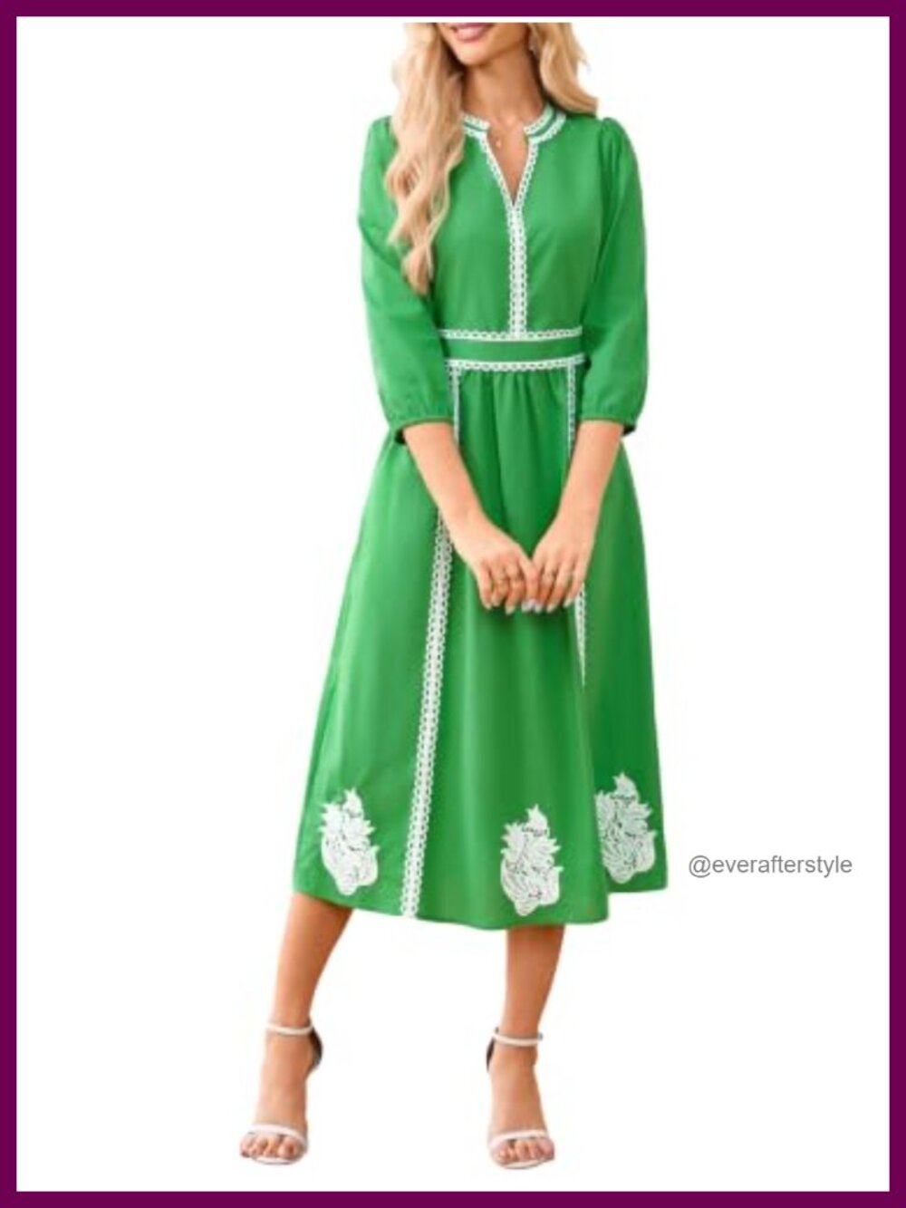 Womens Embroidered Midi Dress V Neck Long Sleeve A Line Flowy Casual Summer